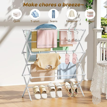 KINGBOARD Clothes Drying Rack, Collapsible Drying Rack Clothing with 11 Poles, 3-Tier Laundry Drying Rack, Small Clothes Drying Rack Foldable for Baby Clothes Sock Towel, 25lb Capacity, White & Grey