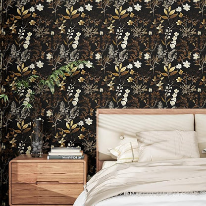 Fvlow Vintage Wallpaper Peel and Stick Black Floral Wall Paper 17.4" x 118" Black Gold Contact Paper Self-Adhesive Wall Covering for Bedroom Desk Cabinet Decor