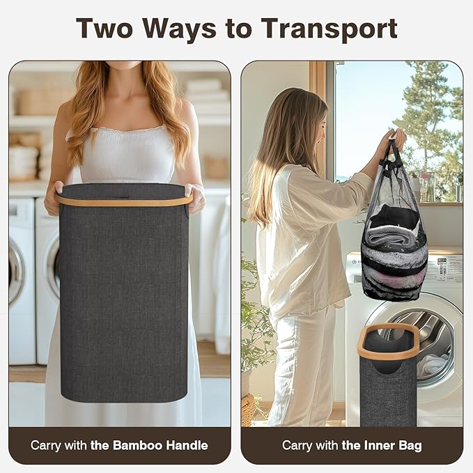 Slim Laundry Hamper with Lid, 60L Small Laundry Basket with Handles&Removable Bag, Thin Dirty Clothes Hampers for Laundry, Narrow Laundry Hampers for Bedroom Aesthetic, Dark Grey