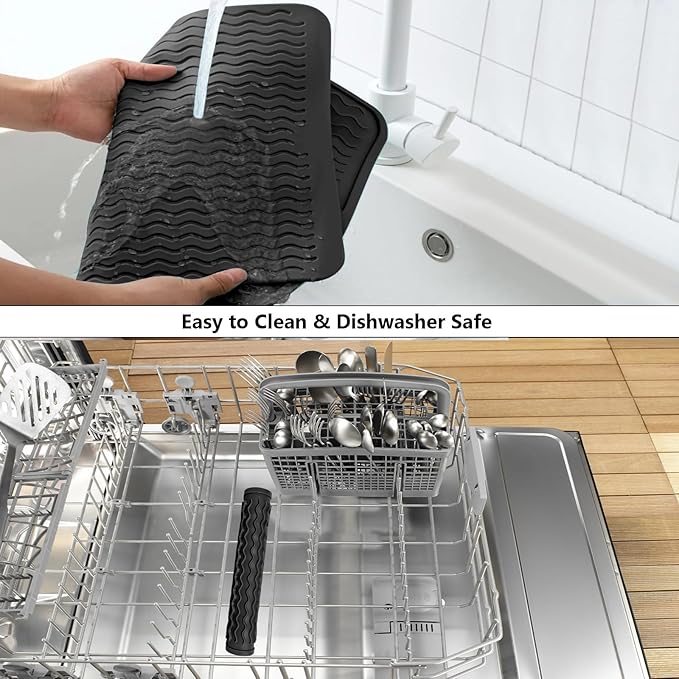 ZLR Silicone Dish Drying Mat 12" x 12" Square - Small Heat Resistant Trivet & Countertop Protector for Air Fryer, Coffee Maker - Waterproof Kitchen Drain Pad for Cups, Fruit (Black)
