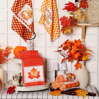 Zubebe 6 Pcs Thanksgiving Dish Towels 18 x 28 Inch Fall Kitchen Towels Hand Cotton Buffalo Plaid Pumpkin Autumn Decoration Truck Maple Leaf Sunflower Dishcloth for Farmhouse Home Cooking Baking