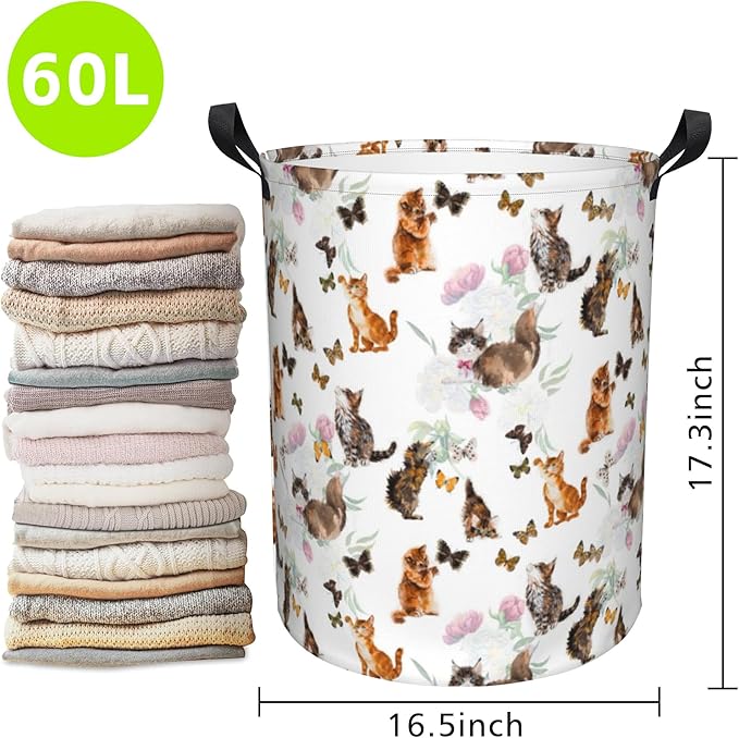 Laundry Basket Cats and Butterflies Laundry Basket Oxford Cloth Laundry Hamper Large Storage Baskets Toy Organizer Tote Bag For Bedroom Clothes Bathroom 17.3(H) x16.5(D) Inch
