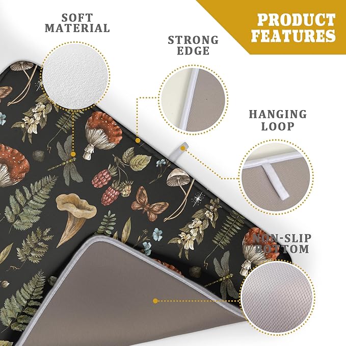 Mushroom Fern Leaves Berry Dish Drying Pad 18 x 24 Inch with Absorbent Reversible Microfiber Vintage Botanical Nature Forest Black Drying Mats For Kitchen Counter Dining Room Decoration