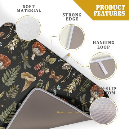 Mushroom Fern Leaves Berry Dish Drying Pad 18 x 24 Inch with Absorbent Reversible Microfiber Vintage Botanical Nature Forest Black Drying Mats For Kitchen Counter Dining Room Decoration