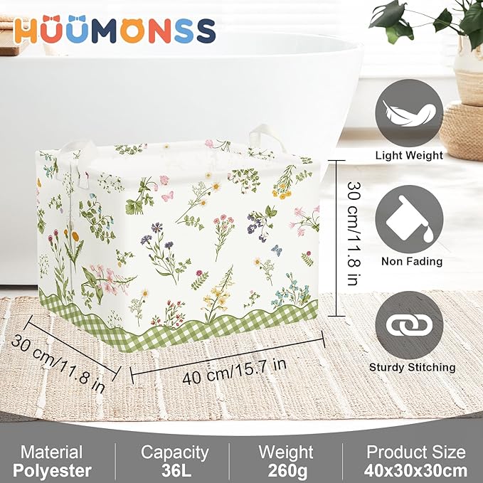 Colourful Flowers Laundry Hamper Large Storage Basket Floral Collapsible Adult Organizer Kids Clothes Toys Bins for Bedroom, Bathroom, Butterfly, 36L