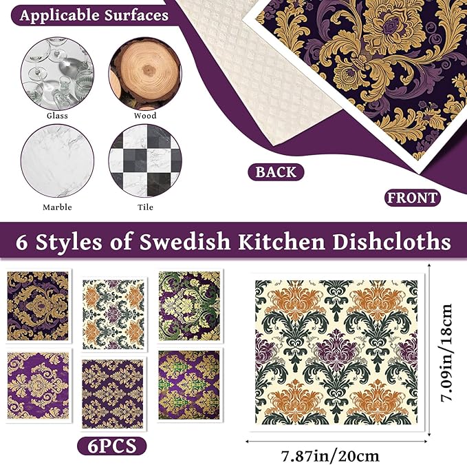 Reusable Swedish Dishcloths for Kitchen, 6 Pcs Mardi Vintage Floral Swedish Dish Cloths, Purple Flower Sponge Cleaning Towels Wipes for Kitchen Cooking Gras Home Decoration Housewarming Gifts