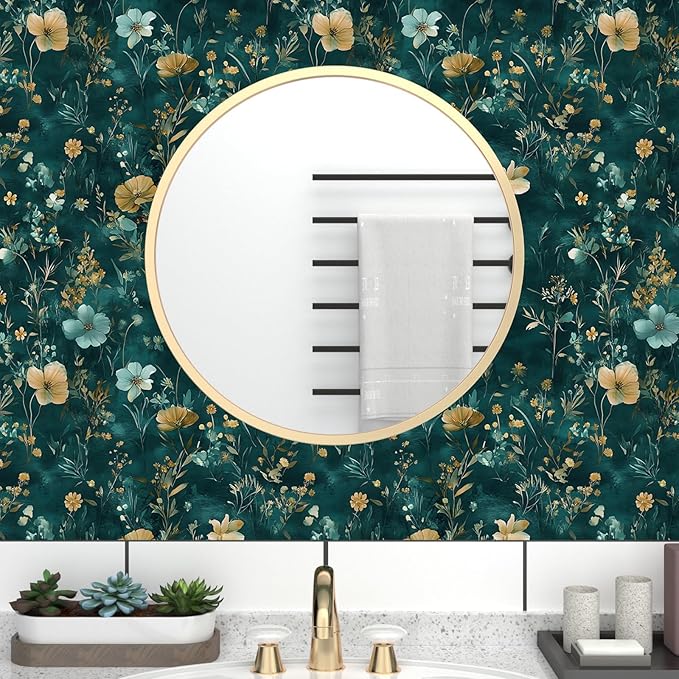 Vintage Floral Peel and Stick Wallpaper Boho Wallpaper 17.5''x393'' Teal/Blue/Yellow Wildflowers Vinyl Contact Paper Waterproof Self Adhesive Modern Stick on Wall Paper for Bedroom Wall Table Cabinet