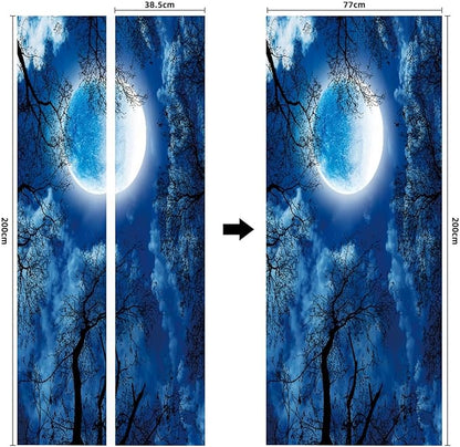 A.Monamour 3D Door Stickers for Interior Doors Silhouette of Dry Tree Against Night Blue Sky and Bright Full Moon Vinyl Waterproof Self Adhesive Door Mural Decals for Bedroom Office Bathroom 77x200cm