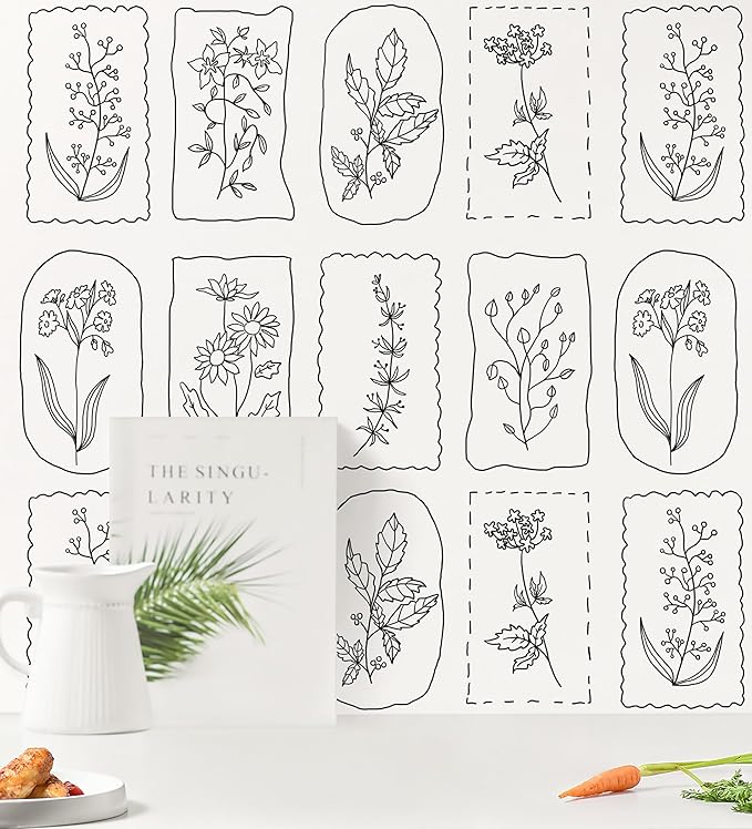 Guvana Peel and Stick Wallpaper Black and White Floral Farmhouse Removable Wallpaper for Bedroom Renter Friendly 16.14"×196" Modern Geometric Contact Paper