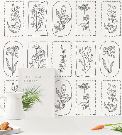 Guvana Peel and Stick Wallpaper Black and White Floral Farmhouse Removable Wallpaper for Bedroom Renter Friendly 16.14"×196" Modern Geometric Contact Paper
