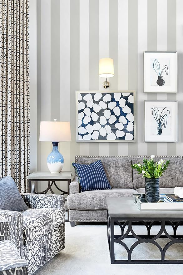 Guvana 17.7"x197" Striped Peel and Stick Wallpaper Grey and White Contact Paper Modern Removable Wallpaper Gray Striped Self-Adhesive Contact Paper for Livingroom Cabinets Decor