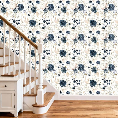 Navy Blue Floral Peel and Stick Wallpaper Self Adhesive Removable Thick Vinyl Watercolor Botanical Flower Gold Line Accent for Bedroom Bathroom Living Room Accent Wall 17.7" × 118"