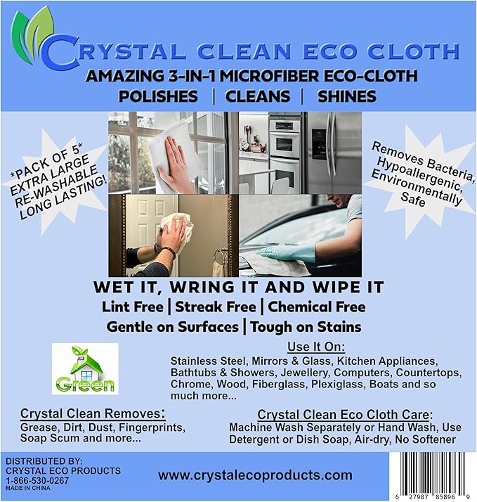 Crystal Clean Eco-Cloth Amazing Lint-Free/Streak-Free/Chemical-Free Microfiber Cloth for Windows & Glass/Mirrors Stainless Steel Appliances TV/Computer/ Tablets...5 in a Pack, White, 16''x16''