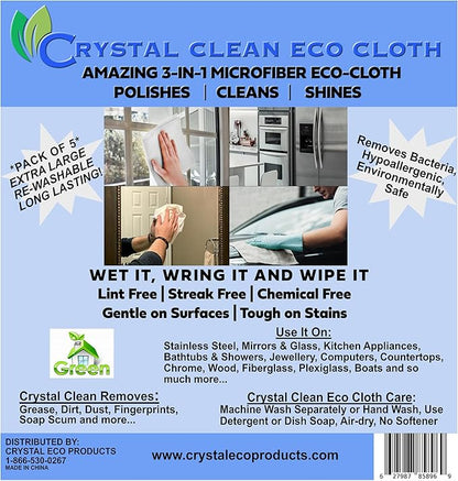 Crystal Clean Eco-Cloth Amazing Lint-Free/Streak-Free/Chemical-Free Microfiber Cloth for Windows & Glass/Mirrors Stainless Steel Appliances TV/Computer/ Tablets...5 in a Pack, White, 16''x16''