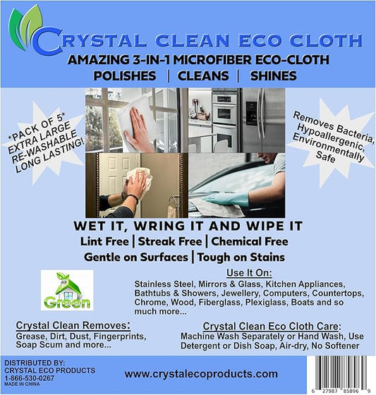 Crystal Clean Eco-Cloth Amazing Lint-Free/Streak-Free/Chemical-Free Microfiber Cloth for Windows & Glass/Mirrors Stainless Steel Appliances TV/Computer/ Tablets...5 in a Pack, White, 16''x16''