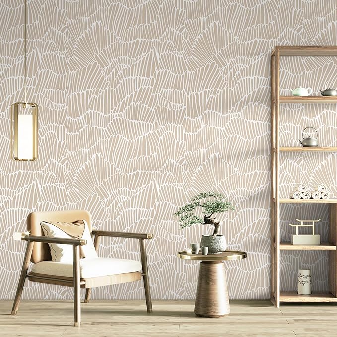 Guvana Beige Peel and Stick Wallpaper Boho Beige and White Contact Paper Modern Striped Self Adhesive Waterproof Wall Paper for Bathroom Bedroom Decor Removable Temporary Rv Wallpaper Roll 17.3"×197"