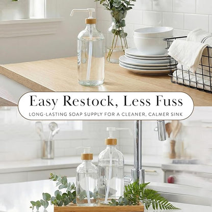 SAVVY & SORTED Glass Dish Soap Dispenser for Kitchen Sink 1 Liter, Hand Soap Dispenser for Bathroom, Refillable Clear Glass Bottles with White Bamboo Pump for Liquid Hand Wash, 34 Fl Oz