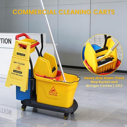 Commercial Cleaning Cart On Wheels, Floor Cleaning Rectangular Mop Bucket with Sturdy Down Press Wringer Combo, 38-Quart, Yellow,ADD One Heavy Duty Mop and Wet Floor Caution Sign（24Inch）