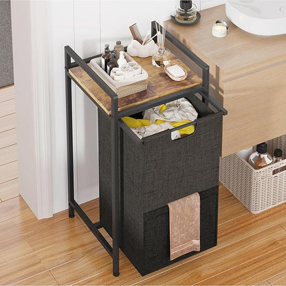 Laundry Hampers,Laundry Basket， Laundry Sorter with Top Shelf & Removable Washable Bags & Side Pockets for Laundry Room organization, Bathroom and Dorm, Rustic Brown and Black