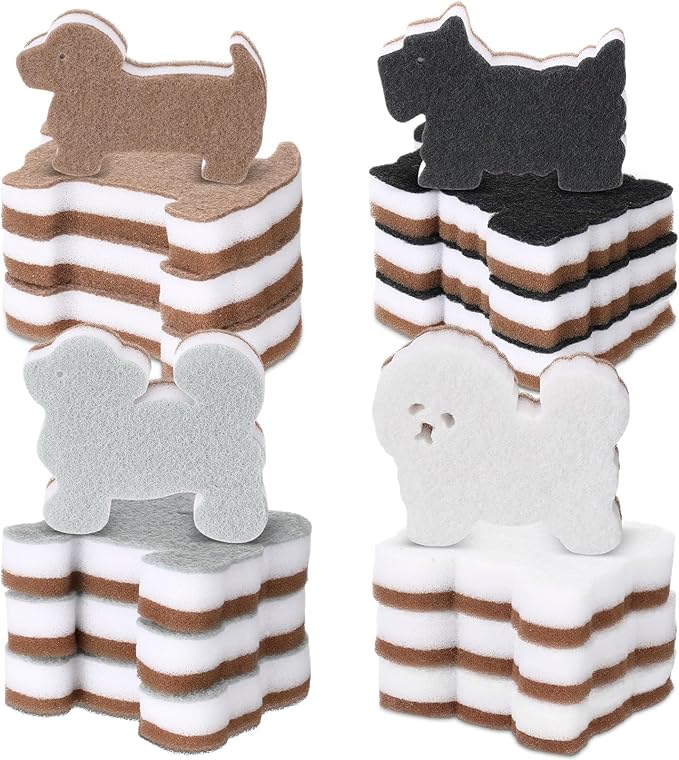 12 Pcs Kitchen Sponges for Dishes Double Sided Cleaning Dish Scrub Sponge Bulk Reusable Non Scratch Scrubbers for House Cleaning Dishwashing(Dog,White, Brown, Black, Grey)