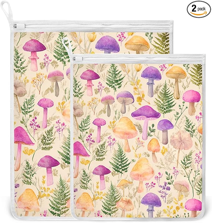Mesh Laundry Bags Lingerie Bags for Washing Delicates 2 PCS Durable Wash Bag with Zipper Small and Medium Washable Mushroom Colorful Pattern