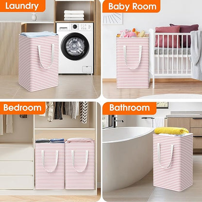 3 Pack Large Laundry Basket,Waterproof & Freestanding Laundry Hamper,Collapsible Clothes Hampers with Easy Carry Long & Reinforced Handles in Bathroom,College Dorm(100Lx3,Pink)