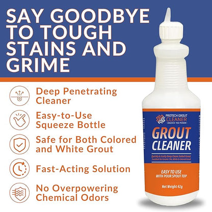 ProTech Grout Cleaner & Stain Cleaner - 32 Ounce After Adding Water - Heavy Duty Grout Stain Remover for Tile Floors, Showers, bathroom grout & Kitchens. Non-Toxic & Safe, Best for Deep Cleaning