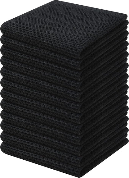 Kitinjoy 100% Cotton Kitchen Dish Cloths, 12 Pack Waffle Weave Ultra Soft Absorbent Dish Towels for Drying Dishes Quick Drying Kitchen Towels Dish Rags, 12 X 12Inch, Black