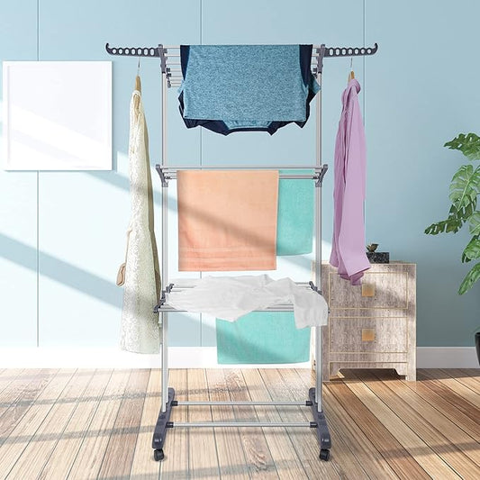 Clothes Drying Rack, Large 3-Tier Rolling Folding Dryer Hanger Storage Collapsible Garment Rack Standing Rack with Foldable Wings and Casters for Indoor Outdoor