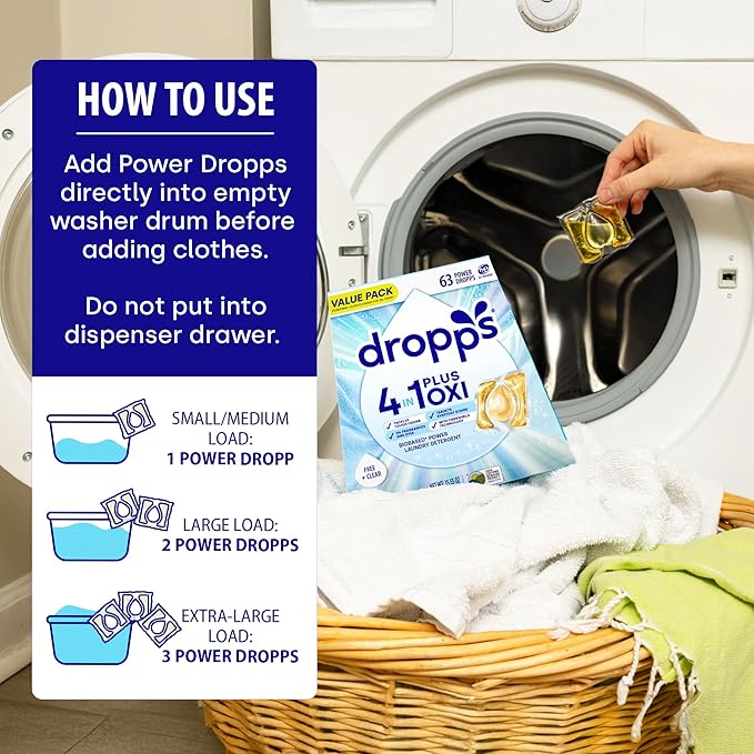 Dropps 4-in-1 Plus Oxi Laundry Detergent Pods, Free & Clear (63 Count) - Unscented Laundry Pods | Odor Defense | Fights Stains | Whitens & Brightens | Clean Ingredients | Plastic Free Packaging
