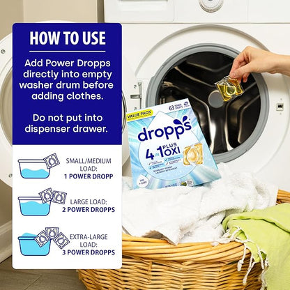 Dropps 4-in-1 Plus Oxi Laundry Detergent Pods, Free & Clear (63 Count) - Unscented Laundry Pods | Odor Defense | Fights Stains | Whitens & Brightens | Clean Ingredients | Plastic Free Packaging
