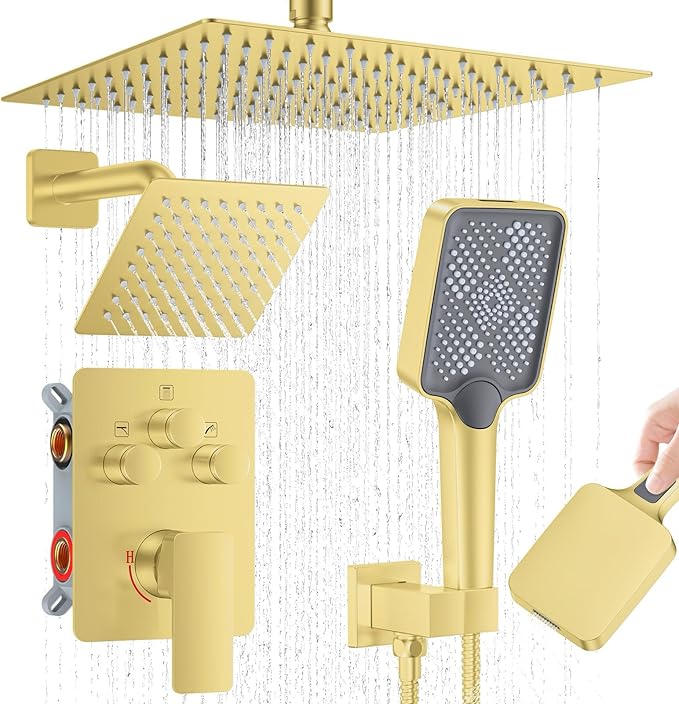 Shower Faucet Set,Brushed Gold Push Button Shower System with Rain Shower and Handheld,Gold Shower Faucet with Valve Ceiling Mount 12 Inch Shower Head and 6 Inch Shower Head with Handheld