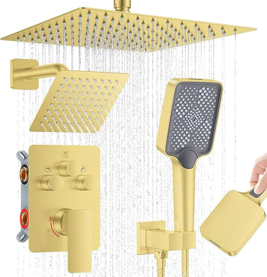 Shower Faucet Set,Brushed Gold Push Button Shower System with Rain Shower and Handheld,Gold Shower Faucet with Valve Ceiling Mount 12 Inch Shower Head and 6 Inch Shower Head with Handheld