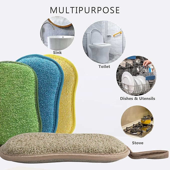 Multipurpose Kitchen Scrub Sponges, Heavy Duty Cleaning Non-Scratch Scrub Sponge, Reusable Microfiber Sponge for Household Cleaning, Random Colors (Multicolour)