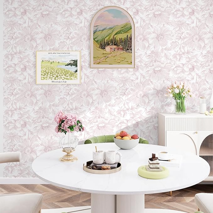 Floral Peel and Stick Wallpaper - Pink White Removable Self adhesive Wall Paper for Decor Walls Bathroom,Bedroom - Boho Flower Waterproof Modern Contact Paper for Cabinets and Drawers, 17.3"×196.8"