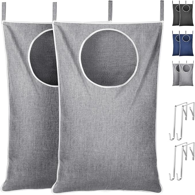 Lifewit 2 Pack Over Door Laundry Hamper, Large Collapsible Hanging Laundry Hamper, Hanging Laundry Basket Bag for Bathroom Bedroom Dirty Clothes Storage Organizer, Light Gray