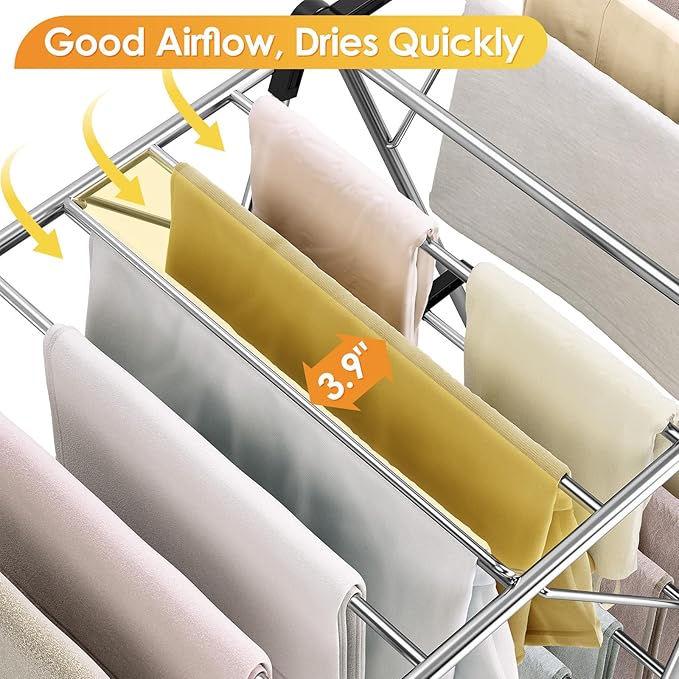 KINGBOARD Clothes Drying Rack, Stainless Steel Laundry Drying Rack with Height-Adjustable, Foldable Gullwing for Easy Storage, No Assembly, Indoor Outdoor Use, 56.4" D x 21.6" W x 39.3" H, Black