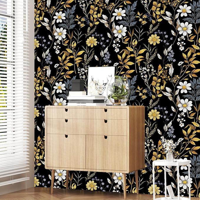 Drak Floral Wallpaper Peel and Stick Vintage Black Golden Wallpaper Vinyl Waterproof Self-Adhesive Removable Boho White Botanical Wall Paper Modern for Bedroom Walls Drawer Cabinet 17.5in x118in