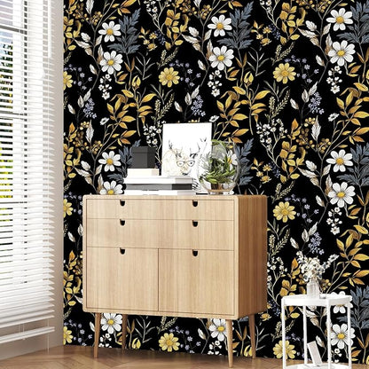 Drak Floral Wallpaper Peel and Stick Vintage Black Golden Wallpaper Vinyl Waterproof Self-Adhesive Removable Boho White Botanical Wall Paper Modern for Bedroom Walls Drawer Cabinet 17.5in x118in