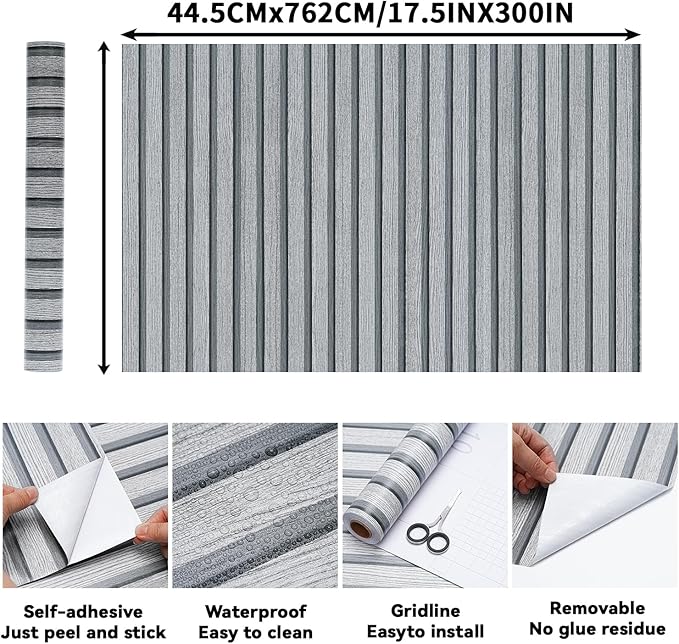 Wood Slat Wallpaper - 17.5" x 300" Peel and Stick Contact Paper for Wall: Self Adhesive DIY Decor (Gray)