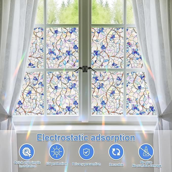 Rainbow Window Privacy Film,Heat Control,UV Blocking,Anti-Glare,Day & Night Privacy Protection & Decoration for Home, Bathroom,Glass Door,Static Cling,Renter-Friendly with Installation Tools