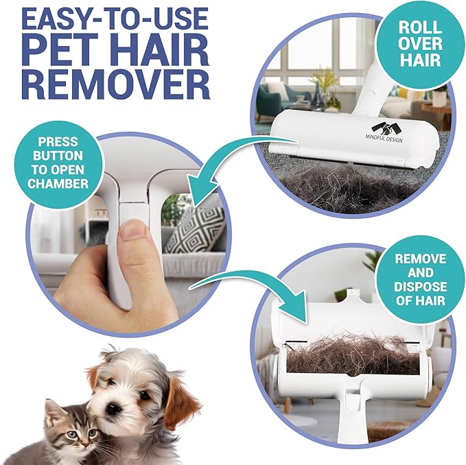 Mindful Design Roller Pet Hair Remover and Reusable Lint Roller - Cat and Dog Hair Remover for Furniture, Couch, Carpet, Clothing and Bedding - Portable, Multi-Surface Fur Removal Tool