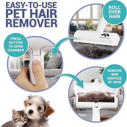 Mindful Design Roller Pet Hair Remover and Reusable Lint Roller - Cat and Dog Hair Remover for Furniture, Couch, Carpet, Clothing and Bedding - Portable, Multi-Surface Fur Removal Tool