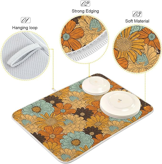 Super Absorbent Dish Drying Mat, Microfiber Fast-Drying Dish Mat, 16" x 18", Kitchen Dish Drying Pad, Retro Flower Daisy