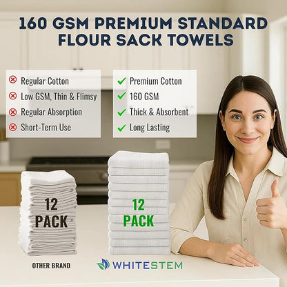 Flour Sack Towels 28” x 28” – Pack of 12 Cotton Kitchen Towels, Dish Towels and Tea Towels for Embroidery, Thick Absorbent for Baking & Bread Proofing - Natural