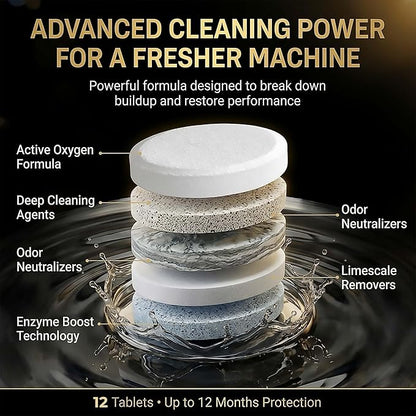 Washing Machine Cleaner Tablets XL – Heavy Duty Descaler and Deodorizer Tablets for HE Front Load and Top Load Washers – Powerful Washing Machine Cleaning Tablet – 12 XL Tablets, 1 Year Supply