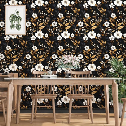 Fvlow Vintage Black Floral Wallpaper Peel and Stick 17.4" x 118", Retro Golden Leaf White Flower Pattern Contact Paper Classic Removable Covering for Bedroom Bathroom Cabinet Drawer Home Decor Dark