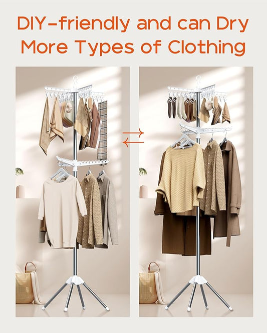 Clothes Drying Rack Foldable, 72 inch 2 Tier Laundry Drying Rack with Rotating Clothes Rail for 27 Pieces of Clothes, Adjustable, 24 Clips, Space Saving, White and Silver CDR012W01