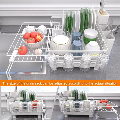 Runnatal Dish Drying Rack, Extendable Dish Rack Over Sink, Large Stainless Steel Dish Strainer with Drainboard, Utensil Holder & Cup Holder for Kitchen Counter, White