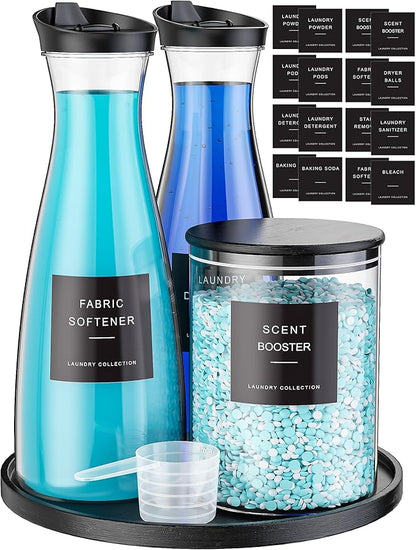 Galasily 2+1 Pack Laundry Detergent Dispenser & Laundry Pods Container, 54OZ Liquid Laundry Soap Dispenser with Tray, Labels and Scoops, Black Laundry Room Organization for Powder, Fabric Softener